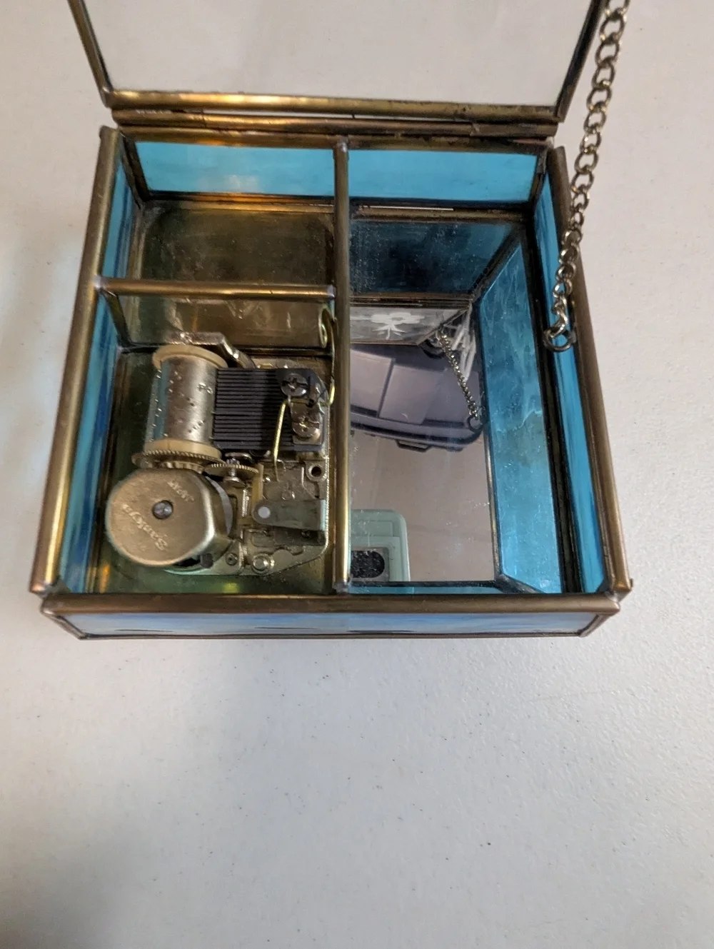 Vintage Blue Glass Trinket Music Box Plays Lara's Theme Sankyo Working